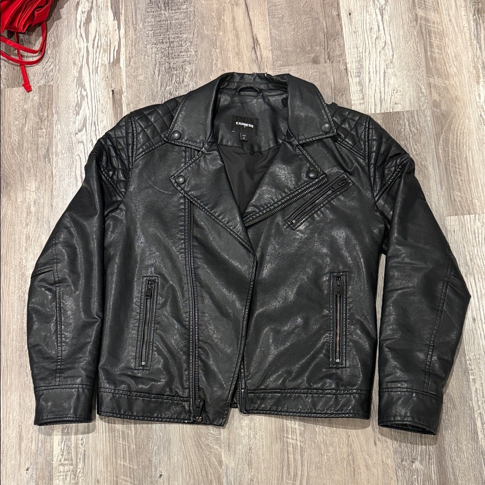 Express Black Faux Leather Bomber Jacket with Quilted Shoulders